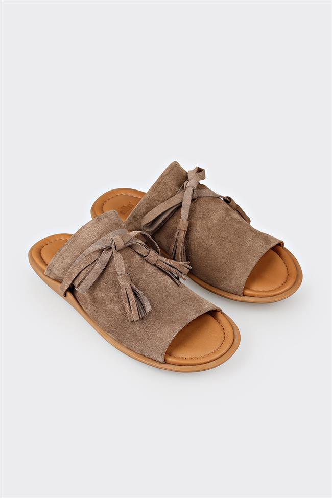 Vizon Deri Kadın Düz Terlik