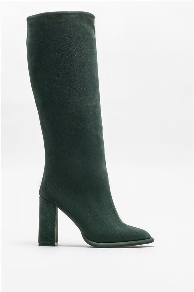 Yeşil Deri Kadın Topuklu Çizme
