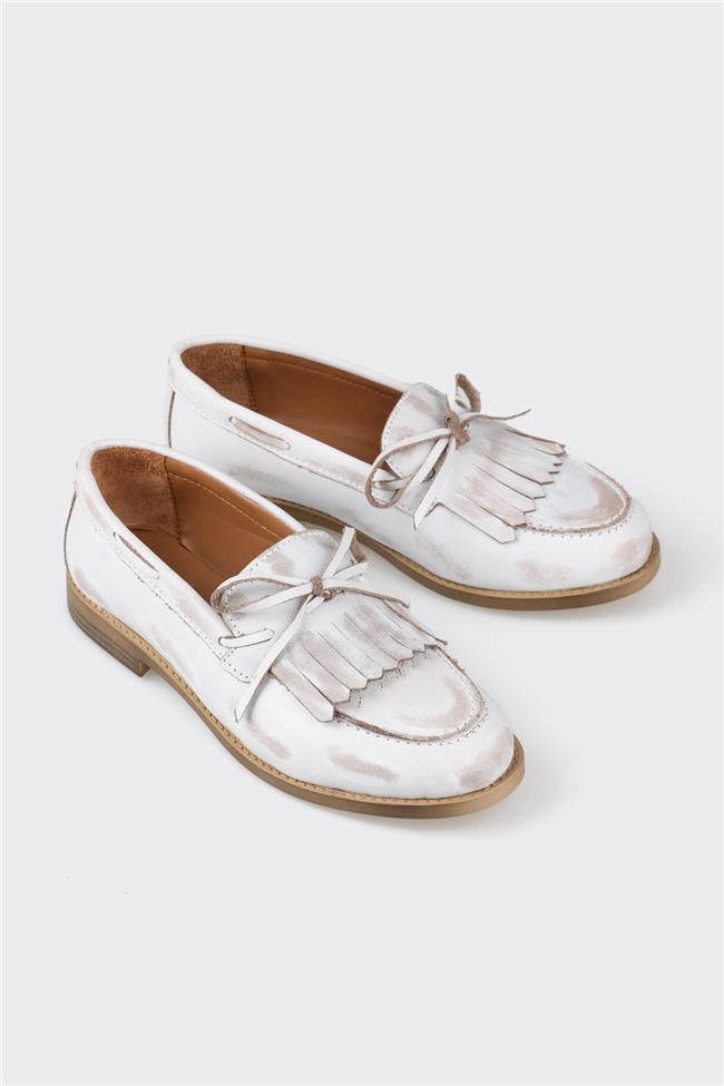Bej Deri Kadın Loafer