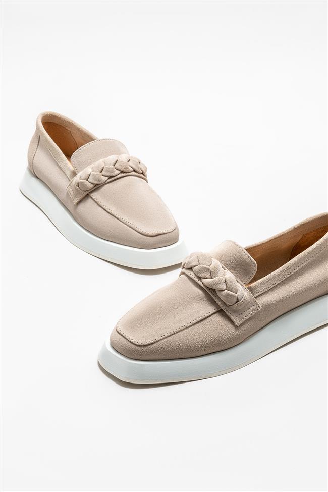 Bej Deri Kadın Loafer