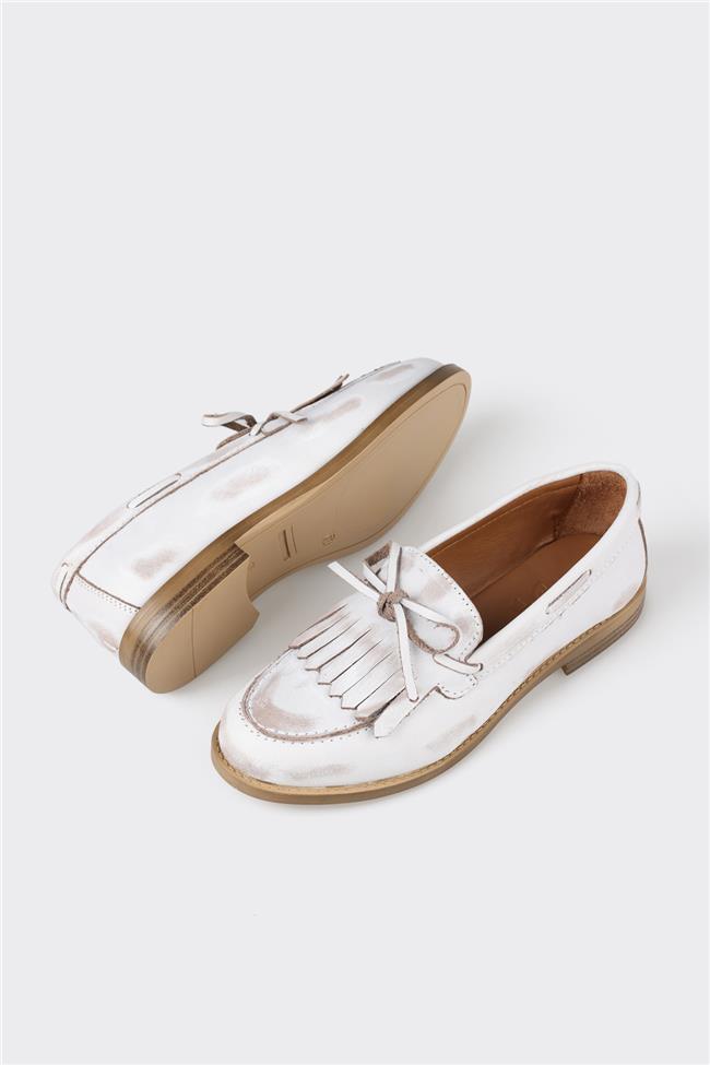 Bej Deri Kadın Loafer
