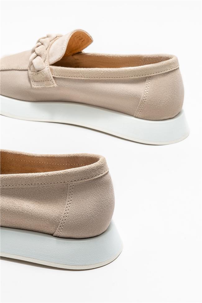 Bej Deri Kadın Loafer