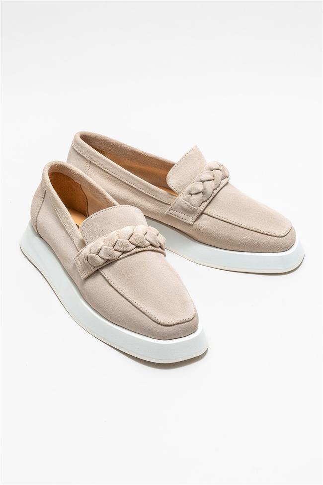 Bej Deri Kadın Loafer