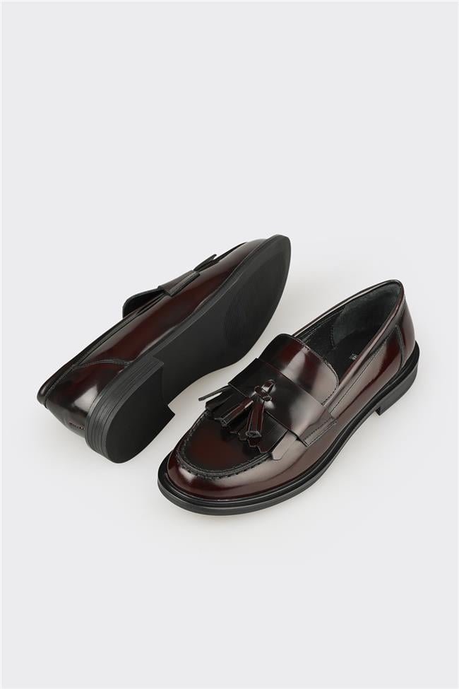 Bordo Deri Kadın Günlük Loafer
