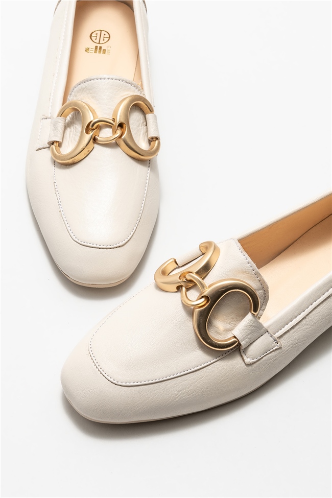 Ekru Deri Kadın Loafer