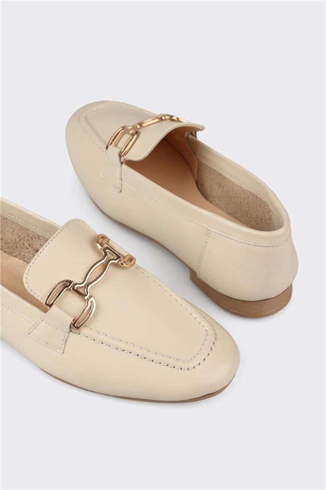 Ekru Deri Kadın Loafer