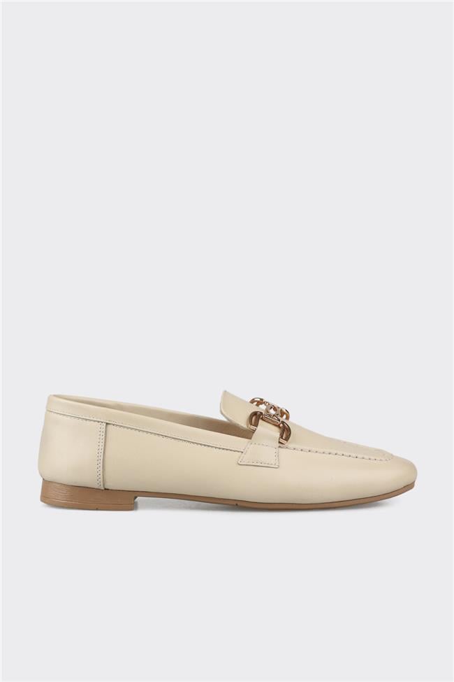 Ekru Deri Kadın Loafer