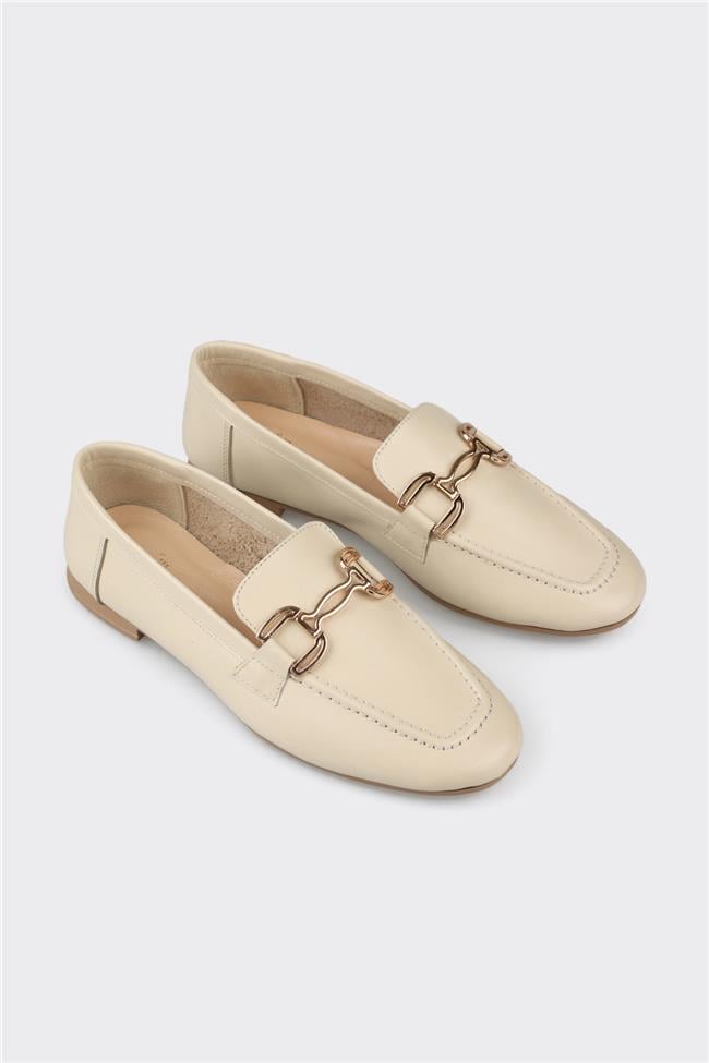 Ekru Deri Kadın Loafer