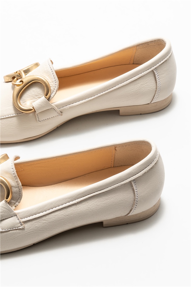 Ekru Deri Kadın Loafer