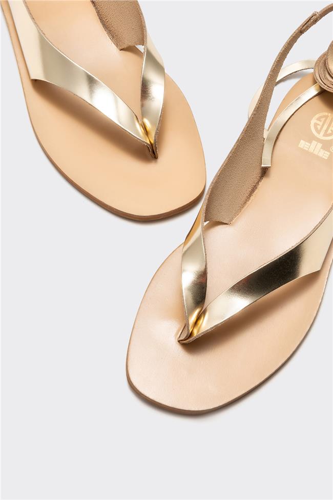 Gold Deri Kadın Parmak Arası Sandalet