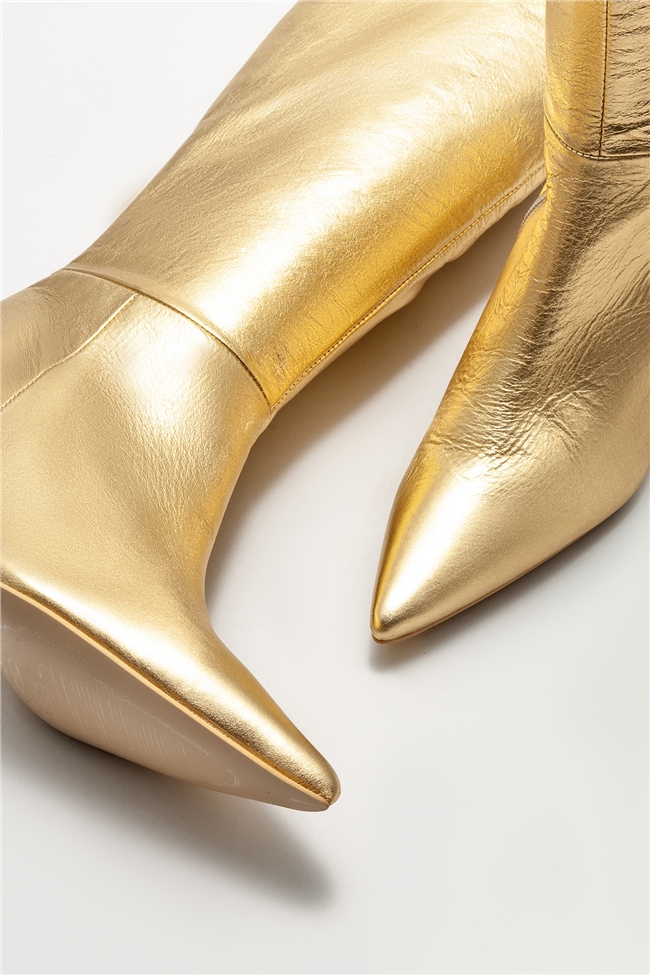 Gold Deri Kadın Topuklu Çizme