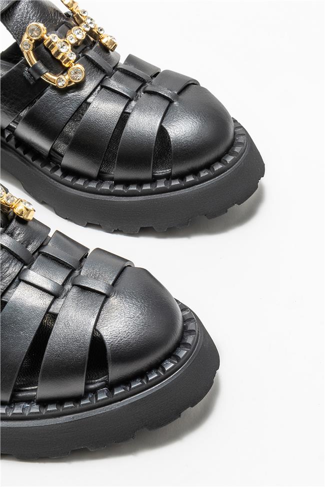 Siyah Deri Kadın Düz Ayakkabı
