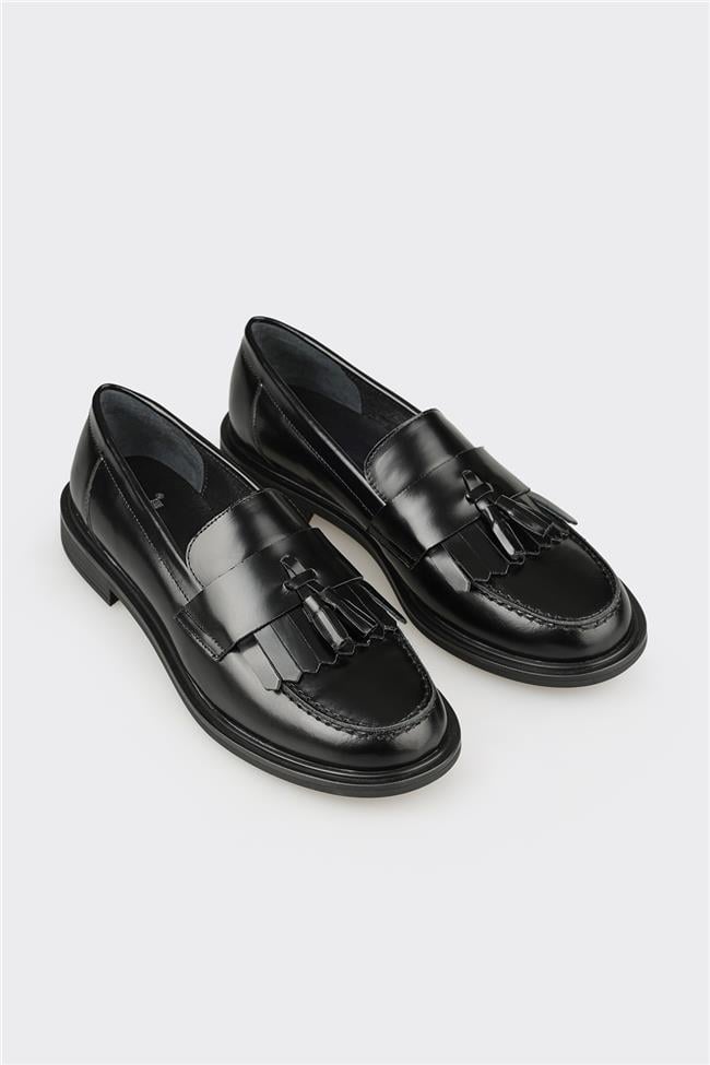 Siyah Deri Kadın Günlük Loafer