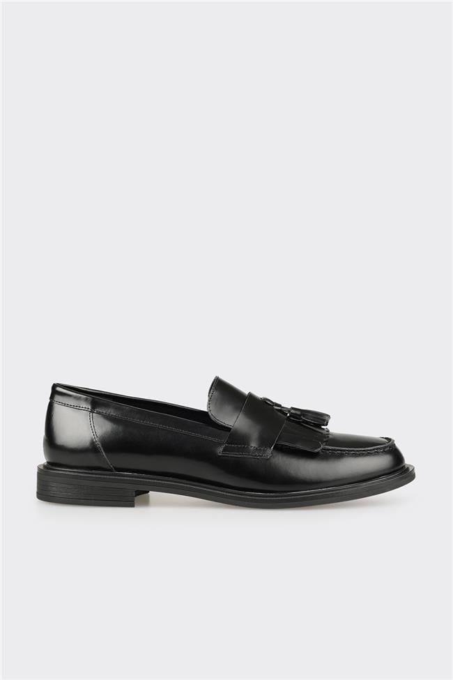 Siyah Deri Kadın Günlük Loafer