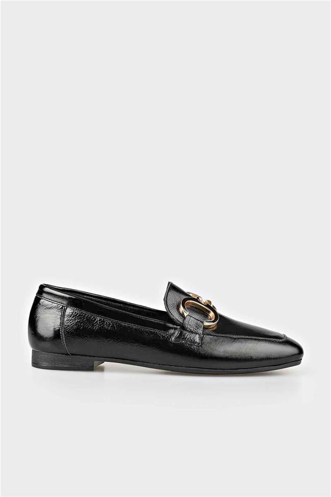 Siyah Deri Kadın Loafer