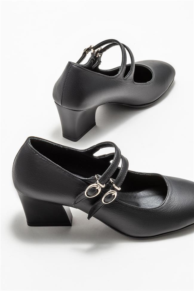 Siyah Deri Kadın Orta Topuk Ayakkabı