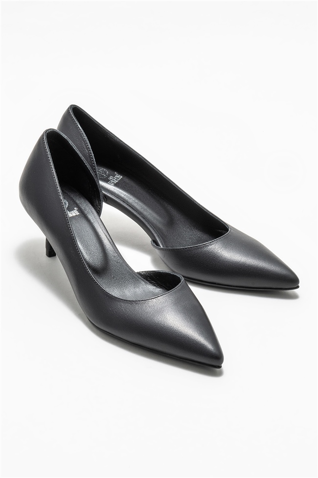 Siyah Deri Kadın Orta Topuk Ayakkabı