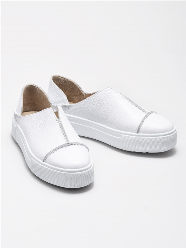 Beyaz Deri Kadın Günlük Düz Ayakkabı