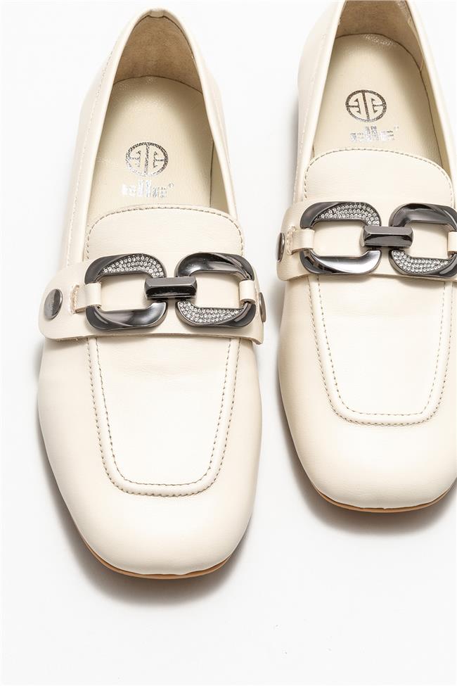 Ekru Deri Kadın Loafer