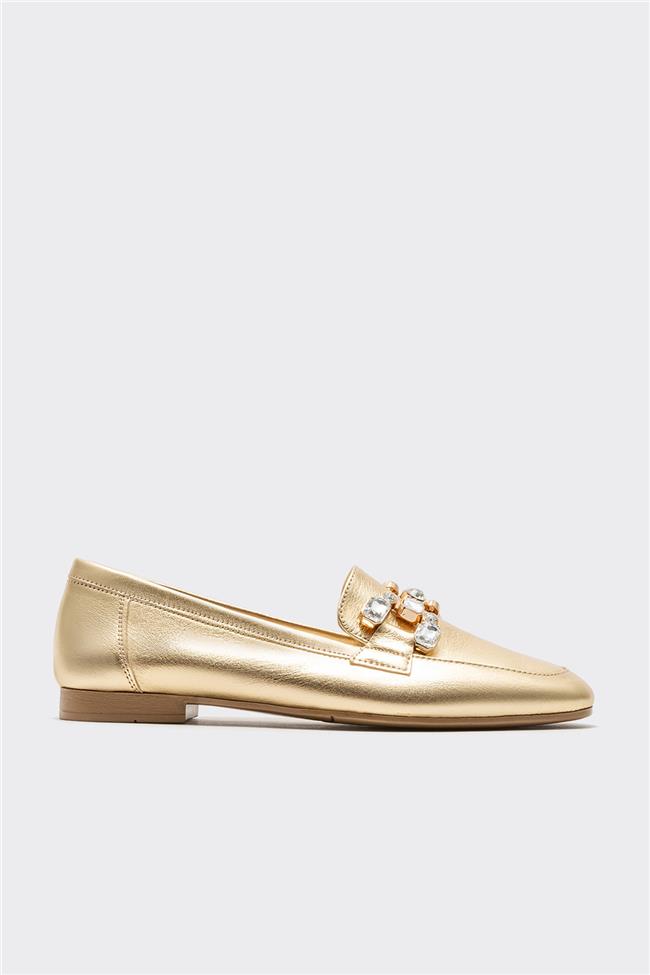 Gold Deri Kadın Loafer