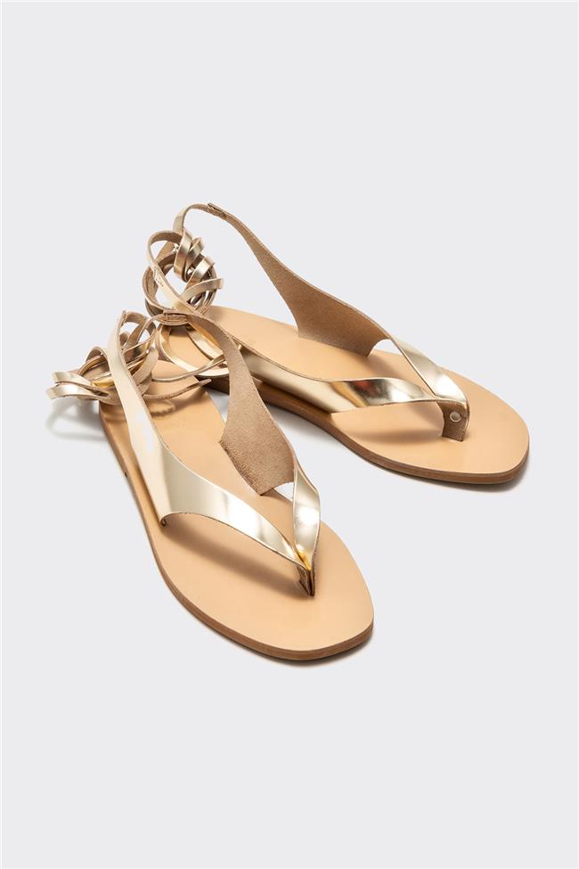 Gold Deri Kadın Parmak Arası Sandalet