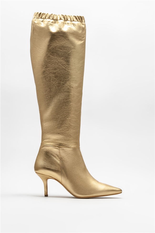 Gold Deri Kadın Topuklu Çizme