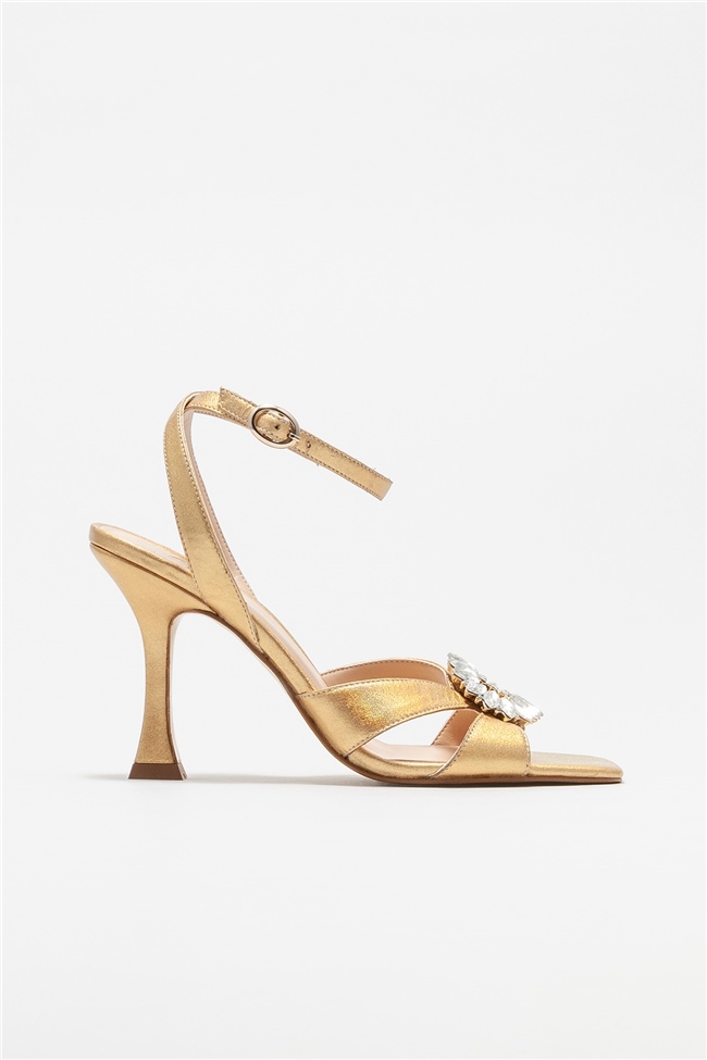 Gold Deri Kadın Topuklu Sandalet