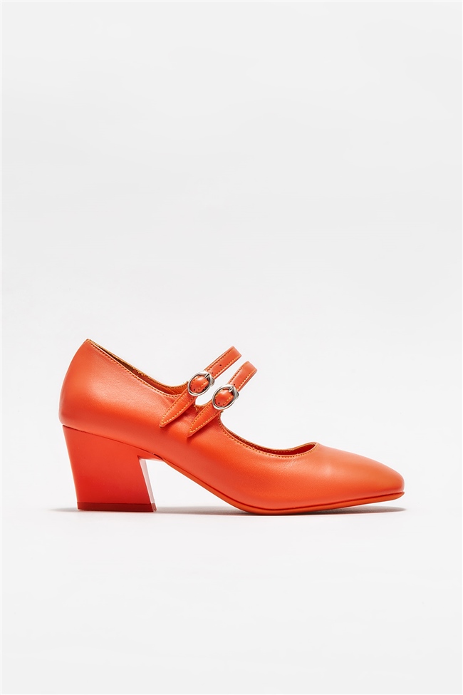 Kırmızı Deri Kadın Orta Topuk Ayakkabı