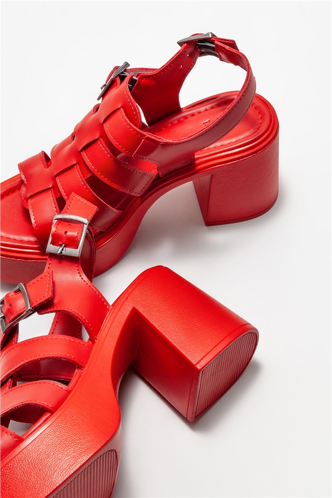 Kırmızı Kadın Topuklu Sandalet