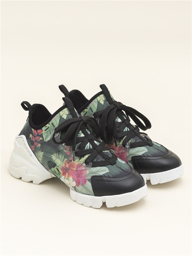 Siyah Çiçekli Kadın Spor Ayakkabı
