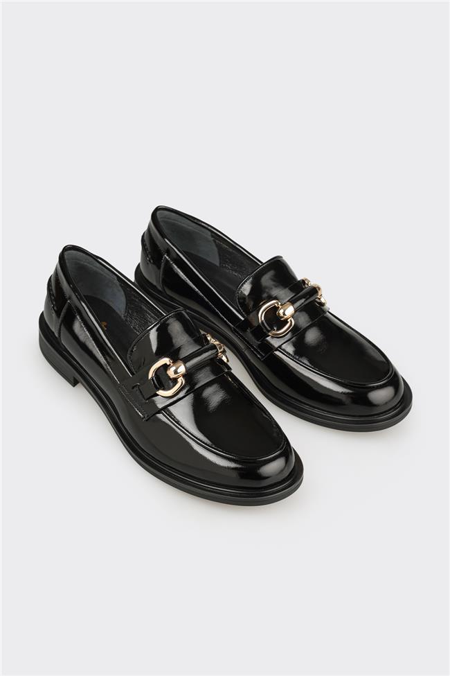 Siyah Deri Kadın Günlük Loafer