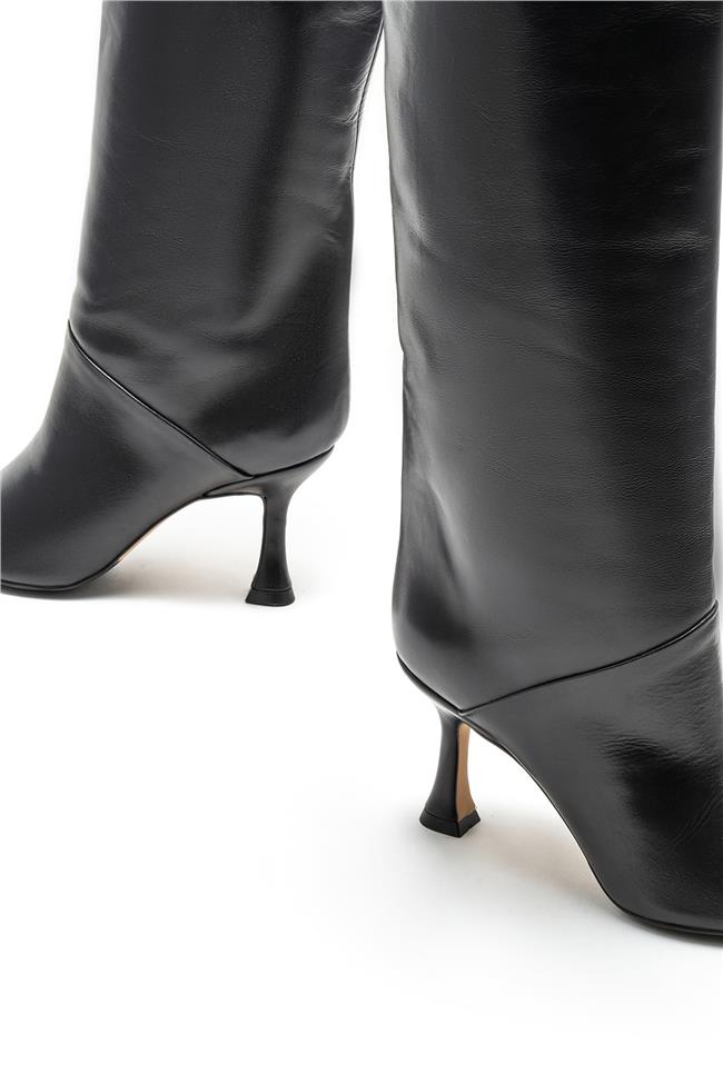 Siyah Deri Kadın Topuklu Çizme