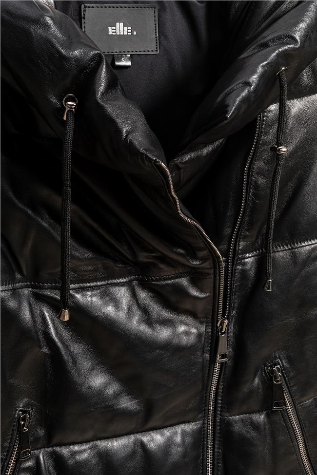 Siyah Kadın Deri Puffer Ceket