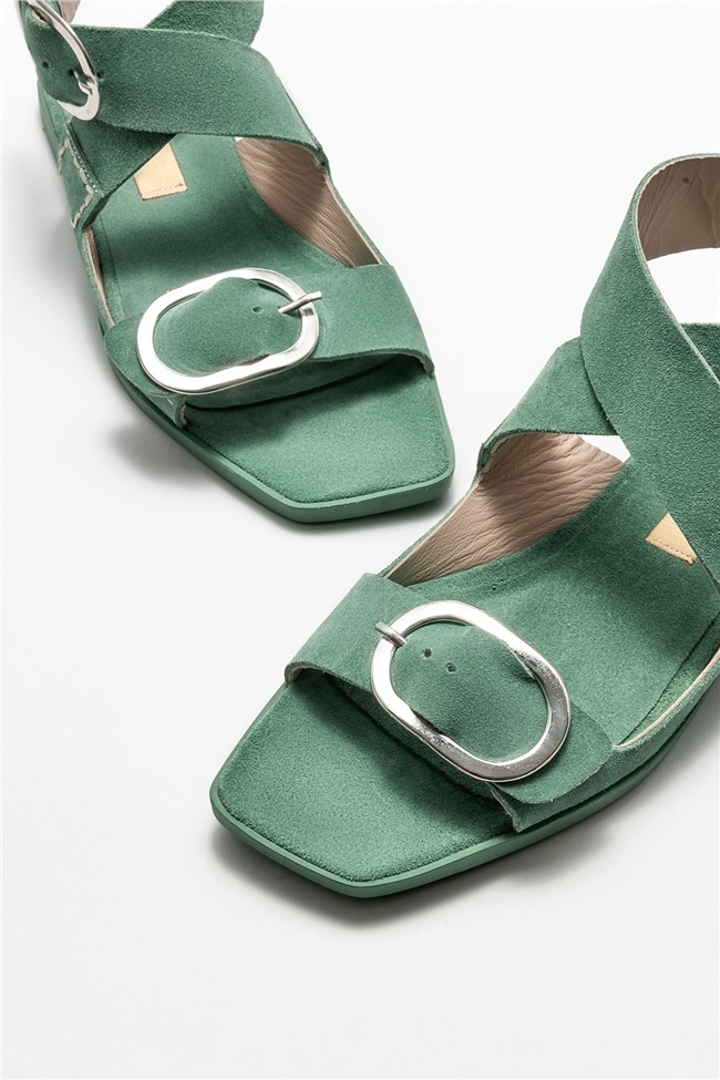 Yeşil Deri Kadın Düz Sandalet