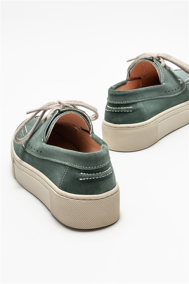 Yeşil Deri Kadın Günlük Düz Ayakkabı