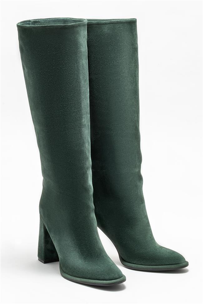 Yeşil Deri Kadın Topuklu Çizme