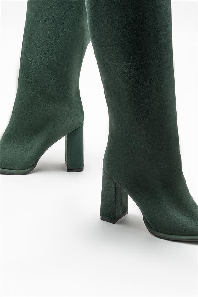 Yeşil Deri Kadın Topuklu Çizme