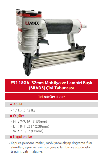 UMAX F32 18GA  32MM MOBİLYA VE LAMBİRİ (BRADS) ÇİVİ TABANCASI