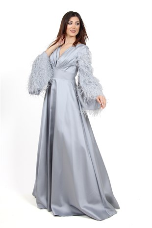 KENZEL KOLLARI YIRTMAÇLI PÜSKÜLLÜ ABİYE-GRİ