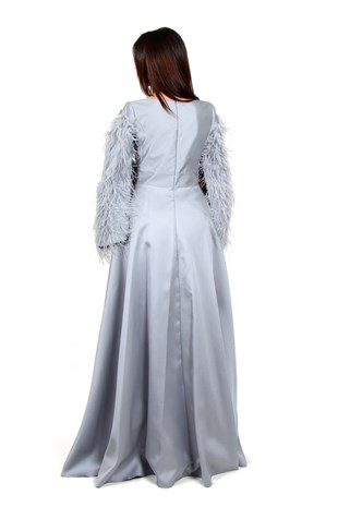 KENZEL KOLLARI YIRTMAÇLI PÜSKÜLLÜ ABİYE-GRİ