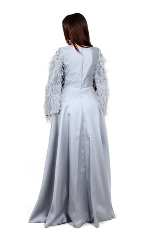 KENZEL KOLLARI YIRTMAÇLI PÜSKÜLLÜ ABİYE-GRİ