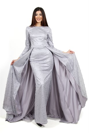 KENZEL KUYRUKLU İNCİ İŞLEMELİ EVENING DRESS-GRİ
