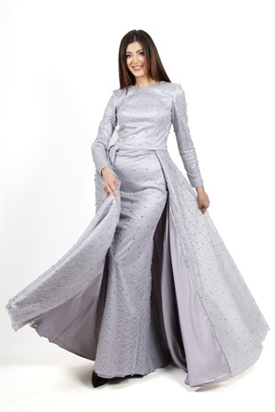 KENZEL KUYRUKLU İNCİ İŞLEMELİ EVENING DRESS-GRİ