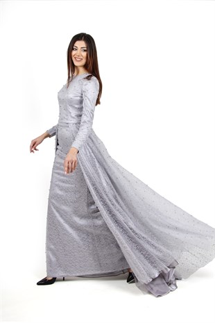 KENZEL KUYRUKLU İNCİ İŞLEMELİ EVENING DRESS-GRİ
