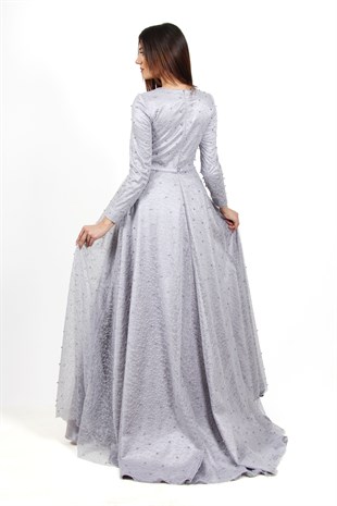 KENZEL KUYRUKLU İNCİ İŞLEMELİ EVENING DRESS-GRİ