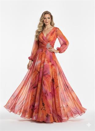 ALCHERA ŞAL DESENLİ ABİYE ELBİSE