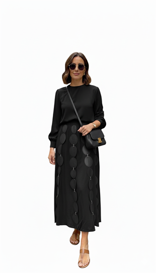 CEREMONY COOKIE ÖNÜ DERİ PARÇACIKLI BELİ LASTİK ETEKLİ TAKIM