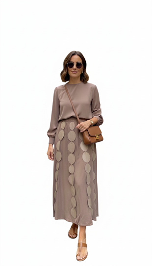 CEREMONY COOKIE ÖNÜ DERİ PARÇACIKLI BELİ LASTİK ETEKLİ TAKIM