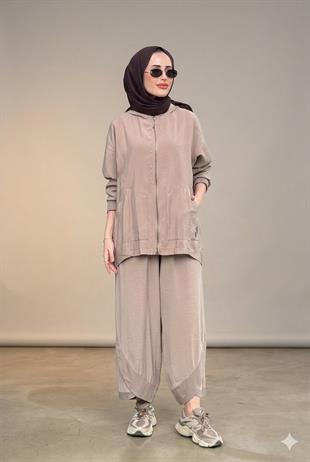 CEREMONY KAPÜŞONLU VE FERMUARLI CEBİ ARMA DETAYLI PANOLONLU MODAL TAKIM