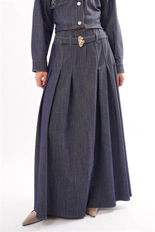 CEREMONY Önden Fermuar ve Pile Detaylı Denim Etek